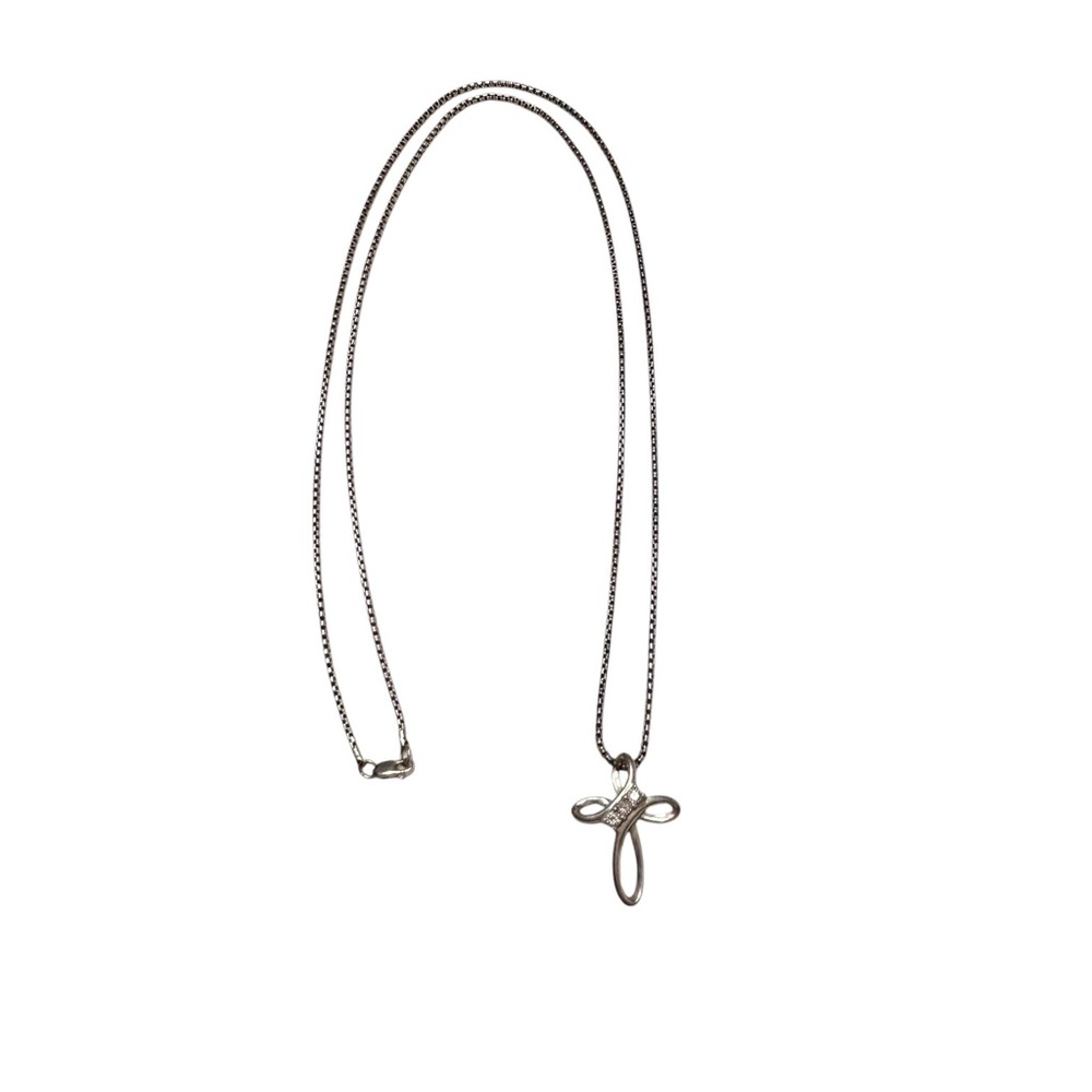 STERLING SILVER NECKLACE Contemporary cross pendant Cz stones Box chain 30”